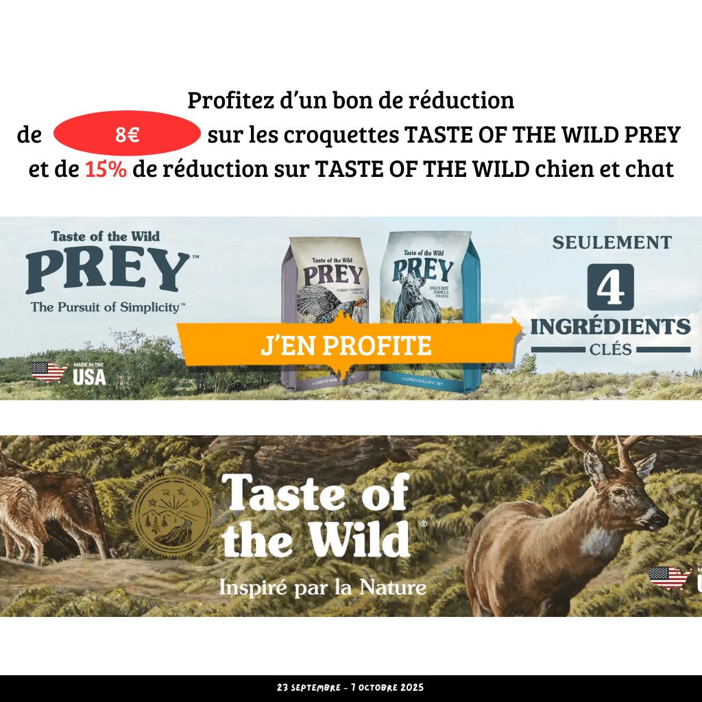 Promo croquettes TASTE OF THE WILD : 8€ offerts sur PREY & -15% sur chien et chat