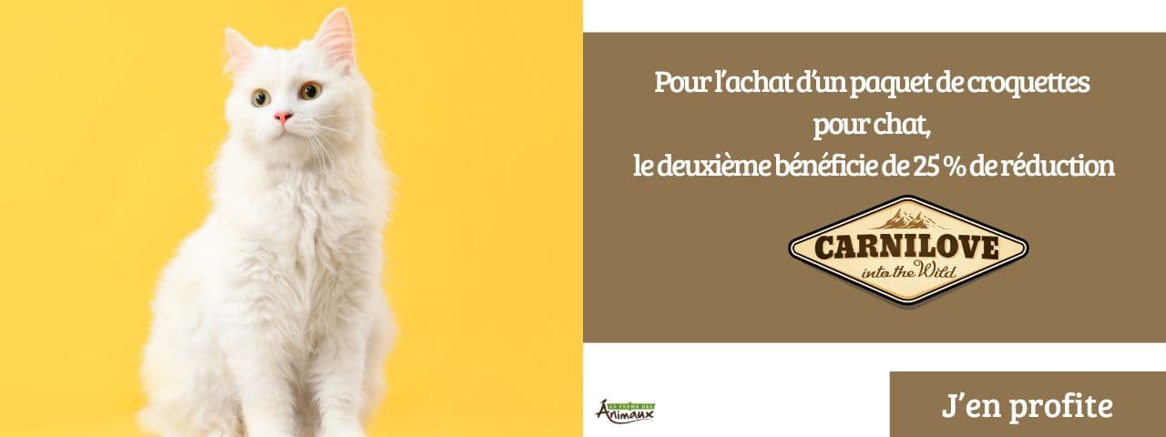 Carnilove : pour l’achat d’un paquet de croquettes pour chat, le deuxième bénéficie de 25 % de réduction.
