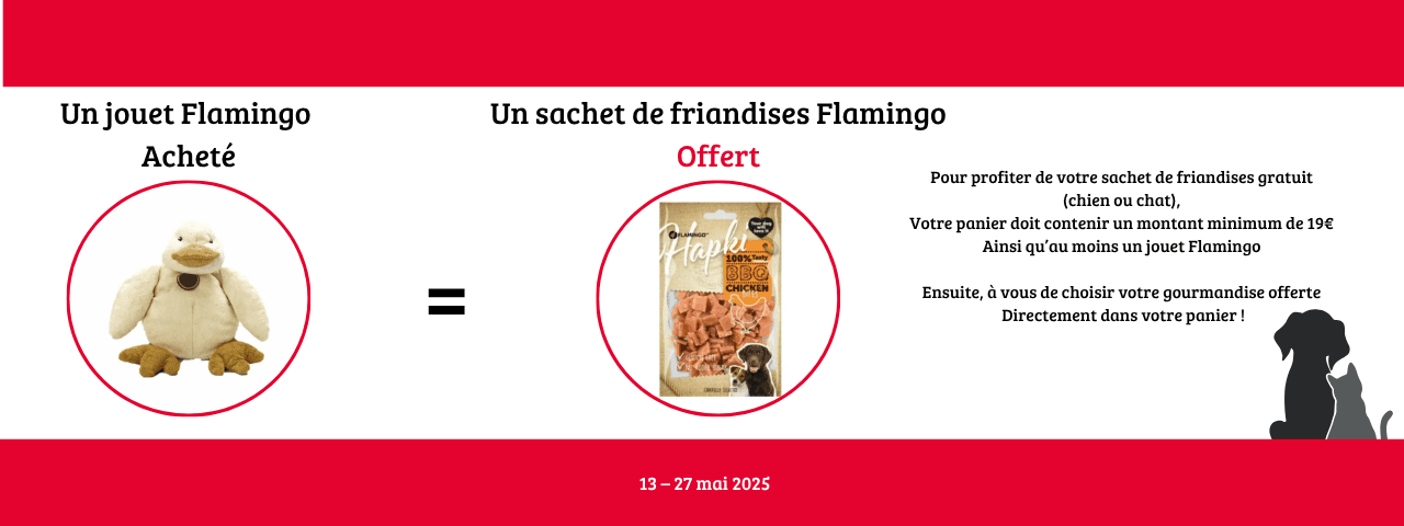 1 jouet Flamingo acheté = 1 sachet de friandises Flamingo offert