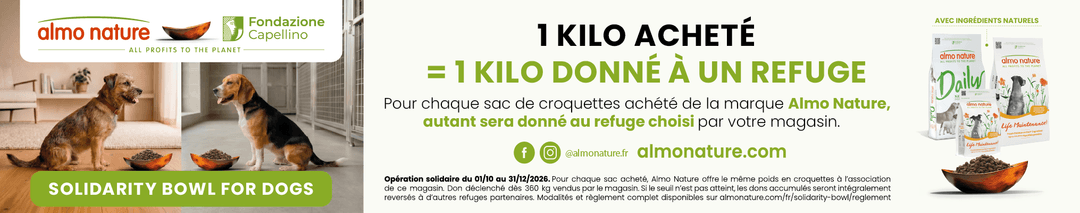 ALMO NATURE : 1 kilo acheté = 1 kilo donné à un refuge choisi par votre magasin !
