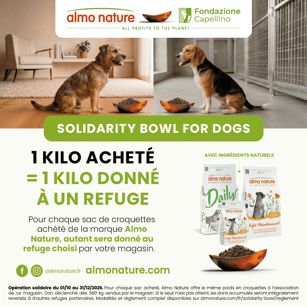 ALMO NATURE : 1 kilo acheté = 1 kilo donné à un refuge choisi par votre boutique en ligne !
